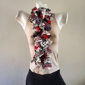 BOGO Scarf Sale - Hand Crafted crochet white gray red and black ruffle scarf